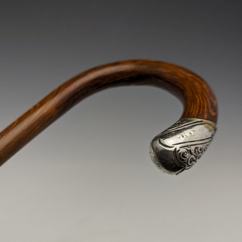 1922 British antique gentleman's walking stick brown stem sterling silver embossed decoration curved handle 90cm